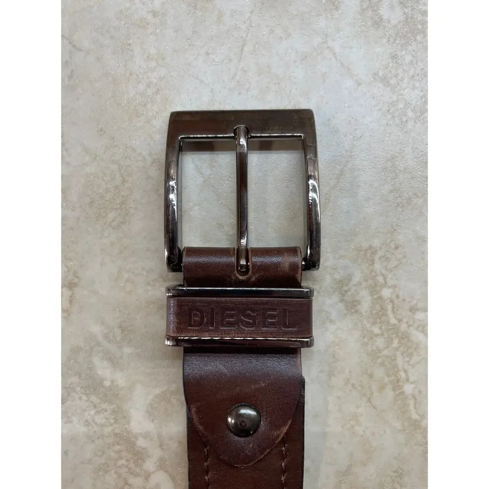 Diesel Belt M Brown Leather Silver Buckle Logo Embossed Casual Everyday